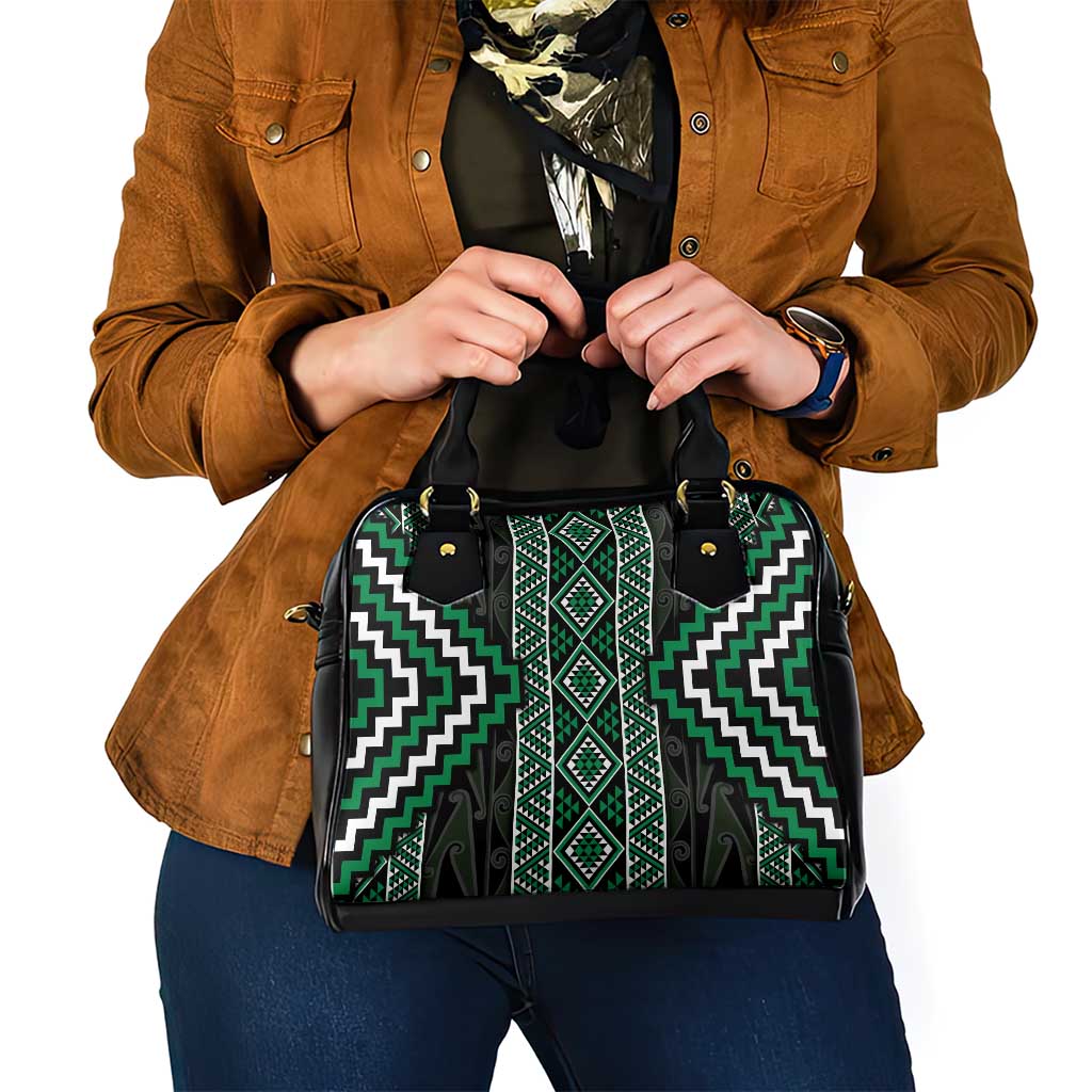 Jade Tukutuku Pattern Aotearoa Shoulder Handbag Niho Taniwha and Puhoro Motifs