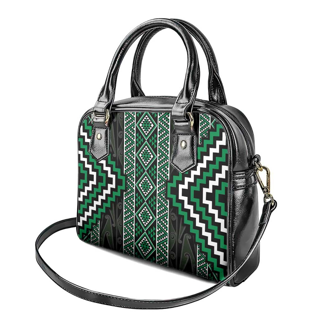 Jade Tukutuku Pattern Aotearoa Shoulder Handbag Niho Taniwha and Puhoro Motifs