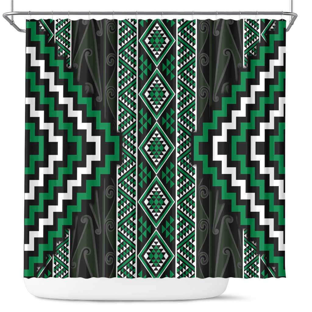 Jade Tukutuku Pattern Aotearoa Shower Curtain Niho Taniwha and Puhoro Motifs LT7 Green - Polynesian Pride