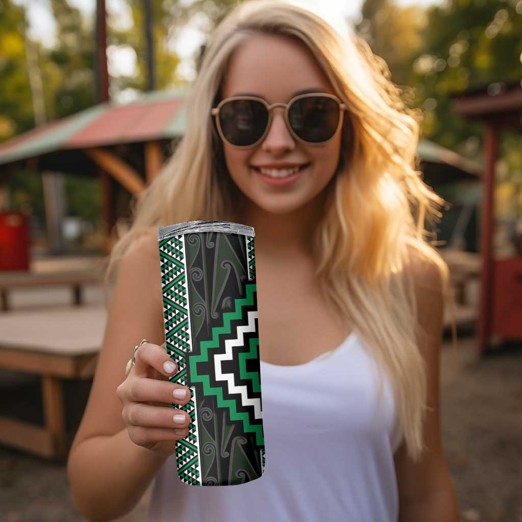 Jade Tukutuku Pattern Aotearoa Skinny Tumbler Niho Taniwha and Puhoro Motifs