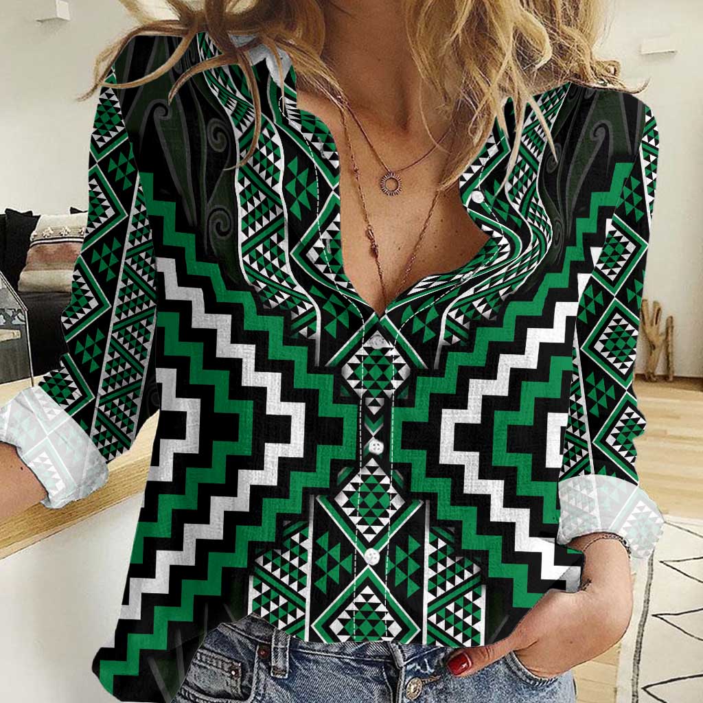 Jade Tukutuku Pattern Aotearoa Women Casual Shirt Niho Taniwha and Puhoro Motifs LT7 Female Green - Polynesian Pride