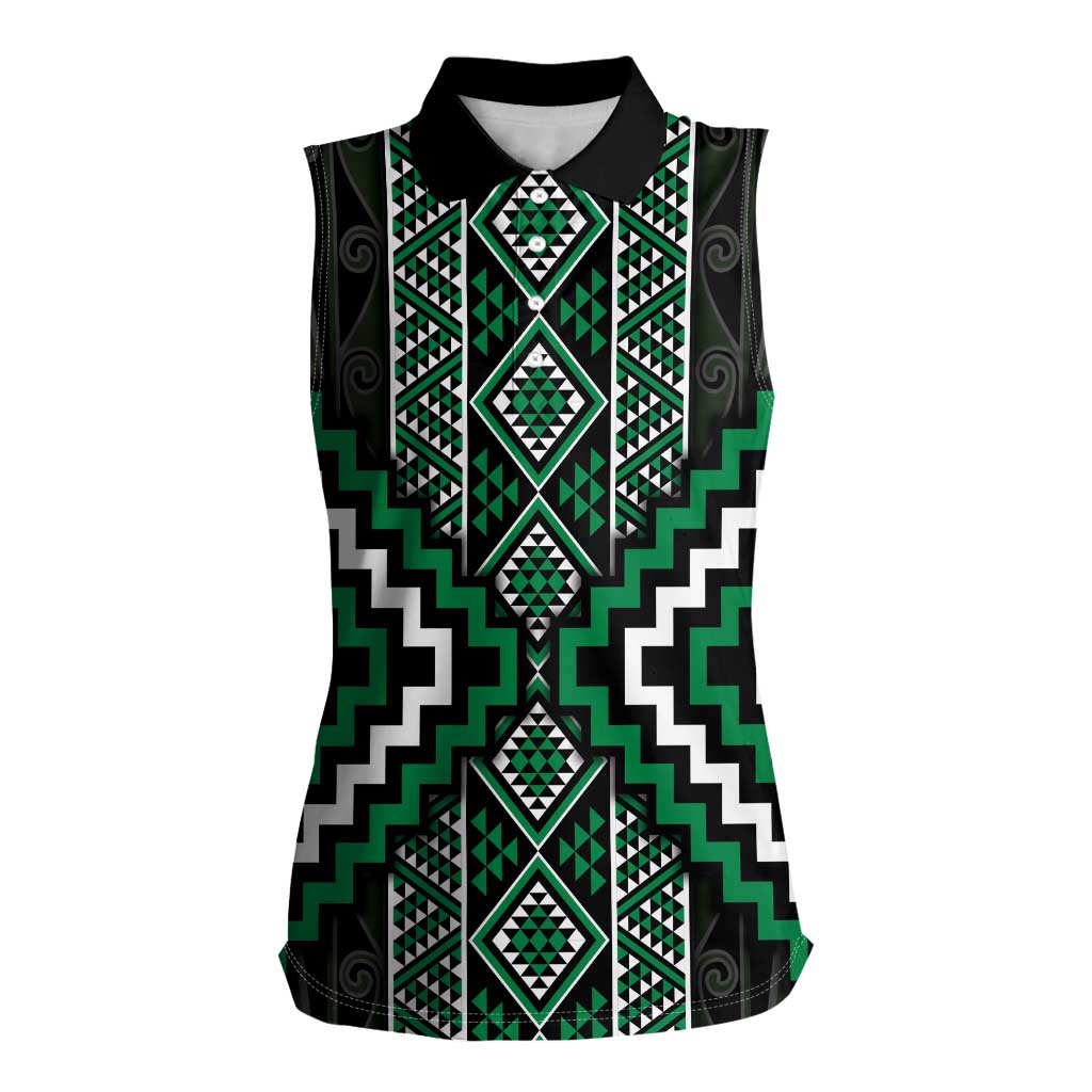 Jade Tukutuku Pattern Aotearoa Women Sleeveless Polo Shirt Niho Taniwha and Puhoro Motifs