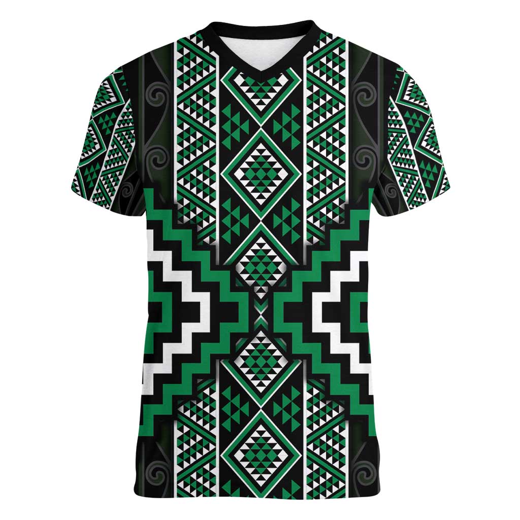 Jade Tukutuku Pattern Aotearoa Women V-Neck T-Shirt Niho Taniwha and Puhoro Motifs