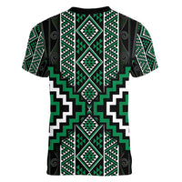 Jade Tukutuku Pattern Aotearoa Women V-Neck T-Shirt Niho Taniwha and Puhoro Motifs
