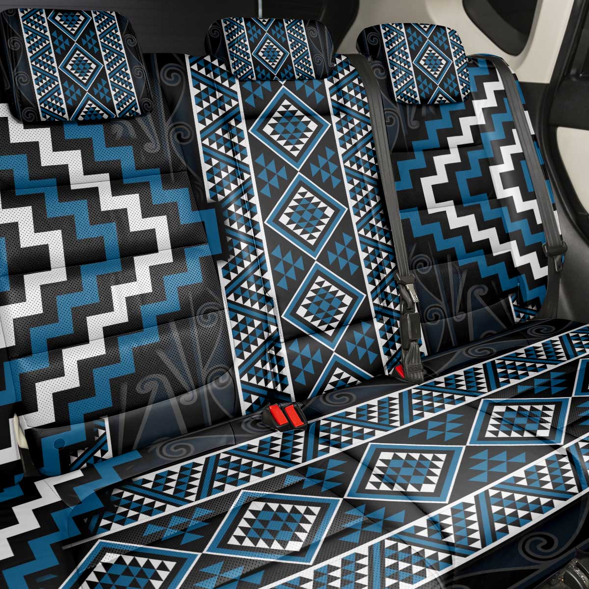 Azure Tukutuku Pattern Aotearoa Back Car Seat Cover Niho Taniwha and Puhoro Motifs