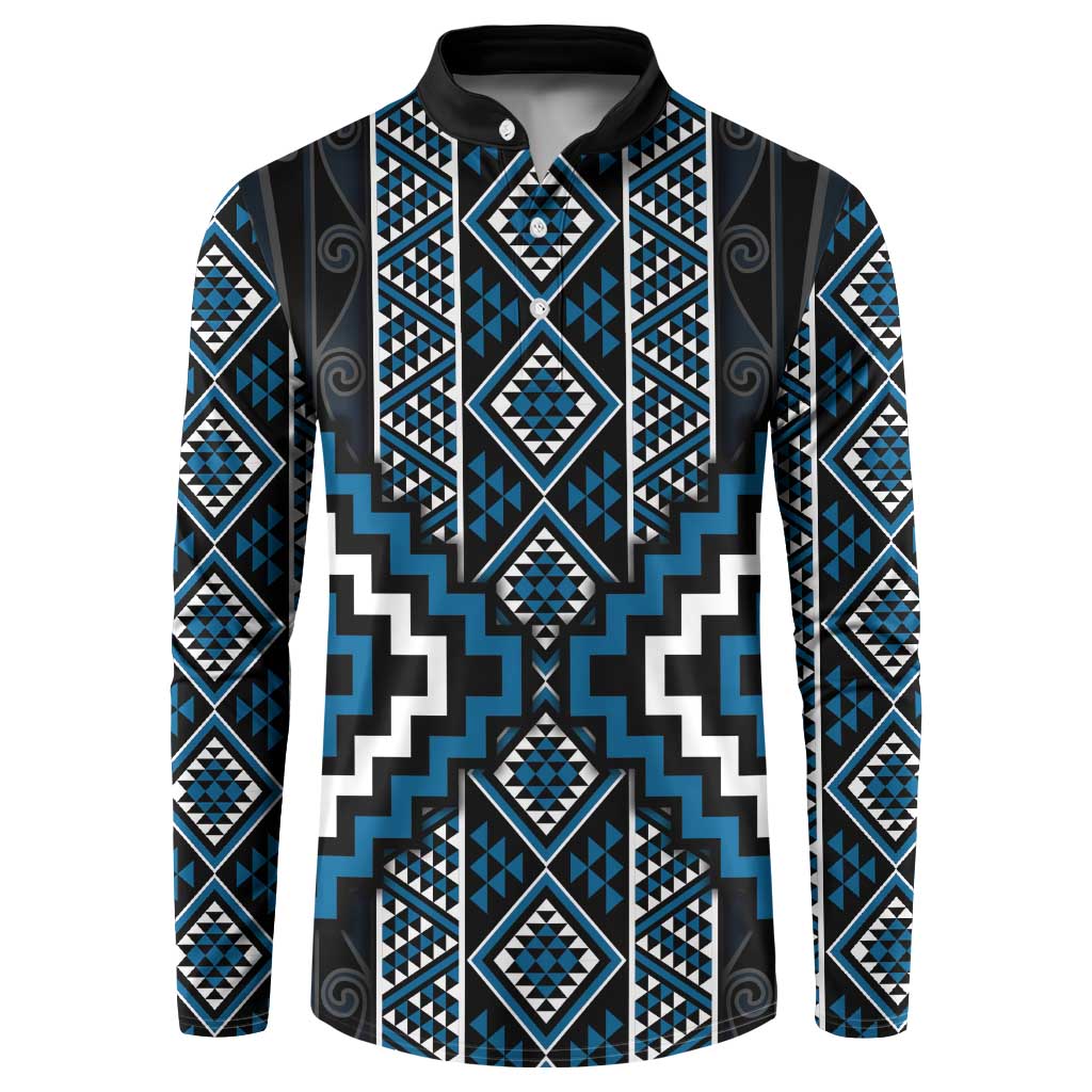 Azure Tukutuku Pattern Aotearoa Button Sweatshirt Niho Taniwha and Puhoro Motifs LT7 Blue - Polynesian Pride