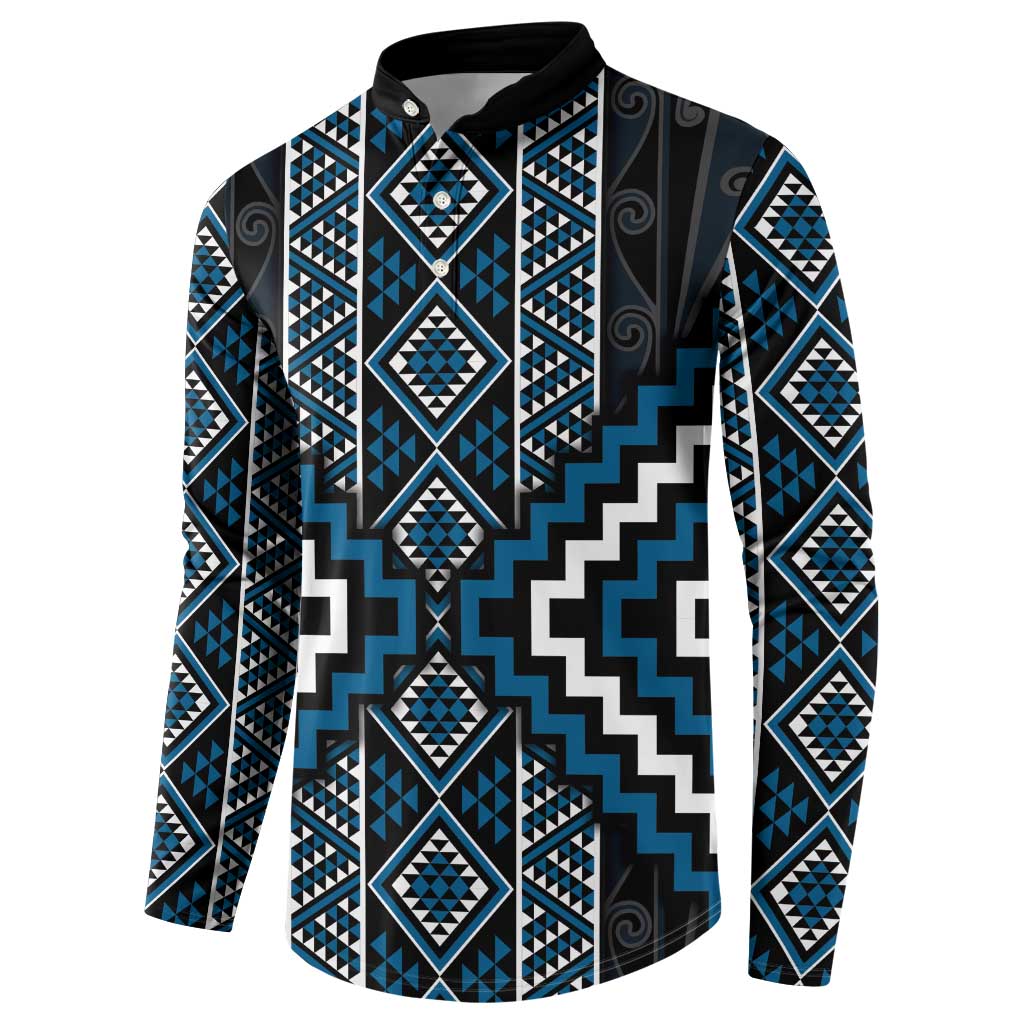 Azure Tukutuku Pattern Aotearoa Button Sweatshirt Niho Taniwha and Puhoro Motifs