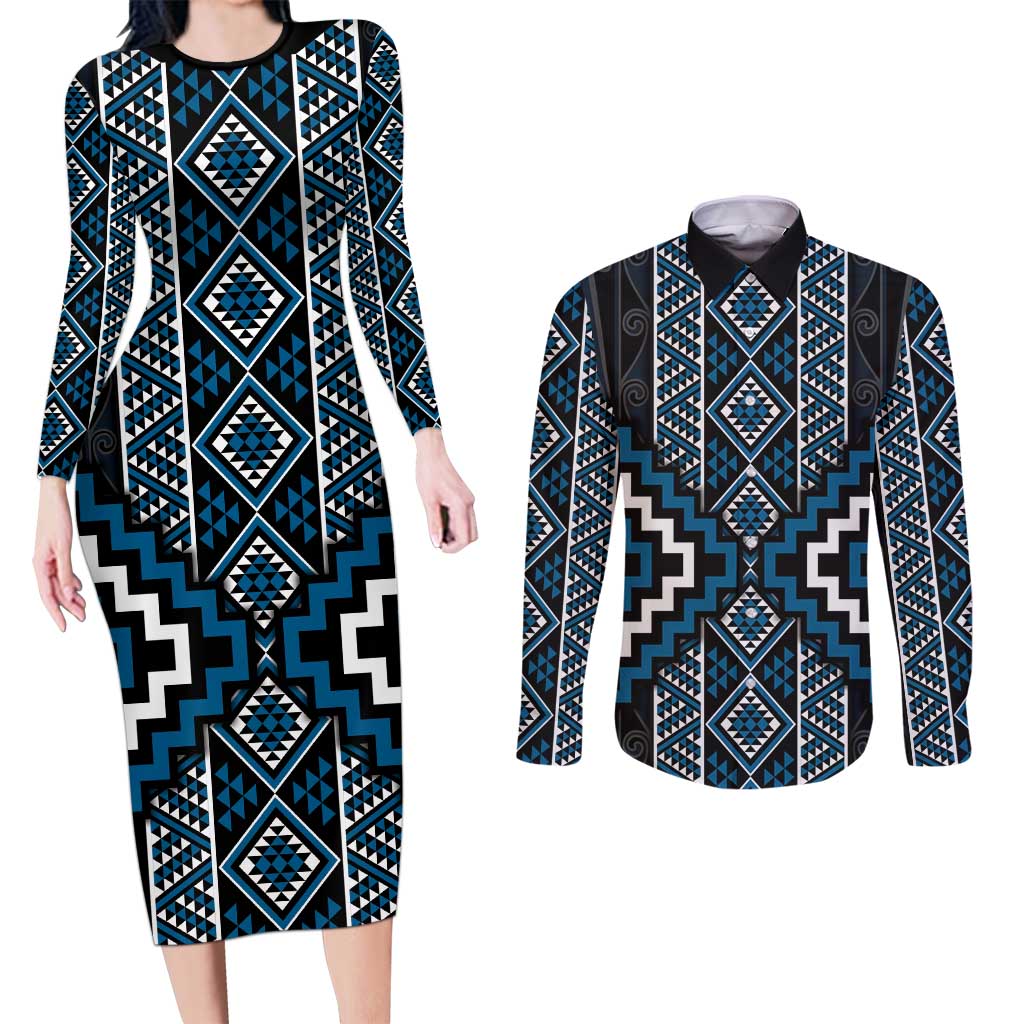 Azure Tukutuku Pattern Aotearoa Couples Matching Long Sleeve Bodycon Dress and Long Sleeve Button Shirt Niho Taniwha and Puhoro Motifs