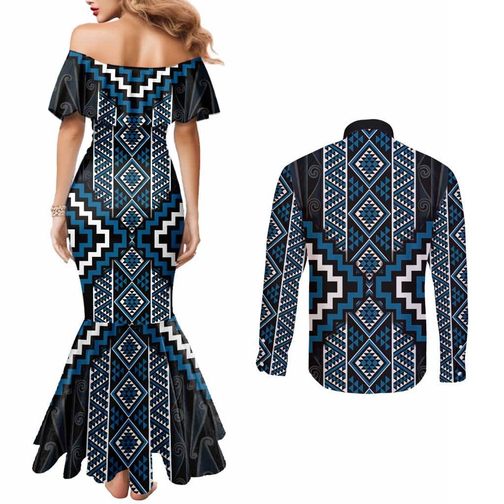Azure Tukutuku Pattern Aotearoa Couples Matching Mermaid Dress and Long Sleeve Button Shirt Niho Taniwha and Puhoro Motifs