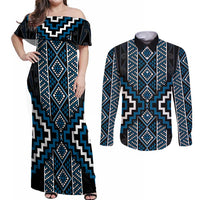 Azure Tukutuku Pattern Aotearoa Couples Matching Off Shoulder Maxi Dress and Long Sleeve Button Shirt Niho Taniwha and Puhoro Motifs