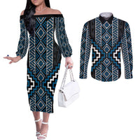 Azure Tukutuku Pattern Aotearoa Couples Matching Off The Shoulder Long Sleeve Dress and Long Sleeve Button Shirt Niho Taniwha and Puhoro Motifs LT7 Blue - Polynesian Pride
