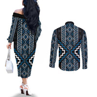 Azure Tukutuku Pattern Aotearoa Couples Matching Off The Shoulder Long Sleeve Dress and Long Sleeve Button Shirt Niho Taniwha and Puhoro Motifs LT7 - Polynesian Pride
