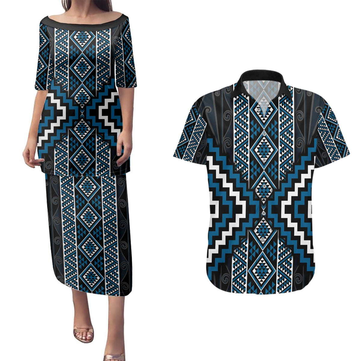 Azure Tukutuku Pattern Aotearoa Couples Matching Puletasi and Hawaiian Shirt Niho Taniwha and Puhoro Motifs