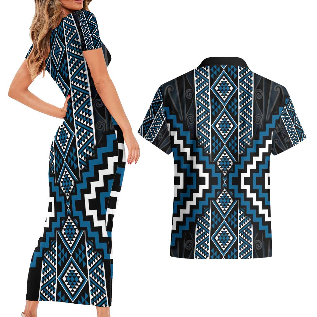 Azure Tukutuku Pattern Aotearoa Couples Matching Short Sleeve Bodycon Dress and Hawaiian Shirt Niho Taniwha and Puhoro Motifs