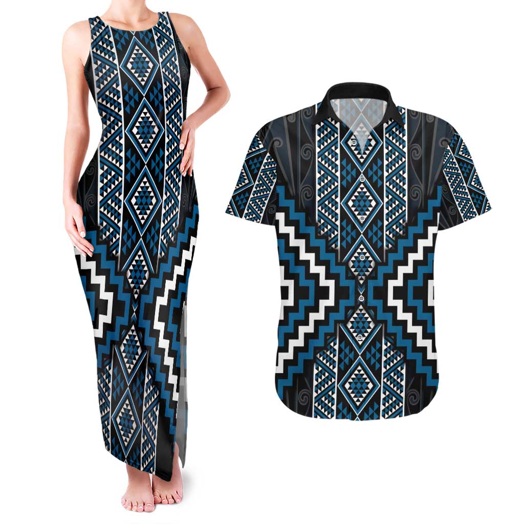 Azure Tukutuku Pattern Aotearoa Couples Matching Tank Maxi Dress and Hawaiian Shirt Niho Taniwha and Puhoro Motifs LT7 Blue - Polynesian Pride