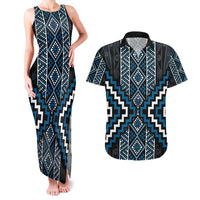 Azure Tukutuku Pattern Aotearoa Couples Matching Tank Maxi Dress and Hawaiian Shirt Niho Taniwha and Puhoro Motifs LT7 Blue - Polynesian Pride