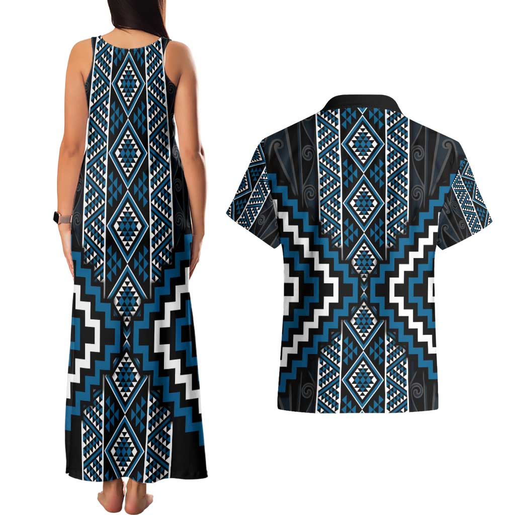 Azure Tukutuku Pattern Aotearoa Couples Matching Tank Maxi Dress and Hawaiian Shirt Niho Taniwha and Puhoro Motifs LT7 - Polynesian Pride