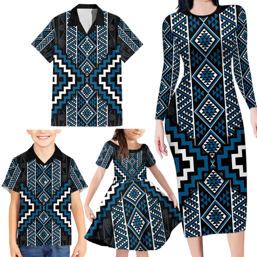Azure Tukutuku Pattern Aotearoa Family Matching Long Sleeve Bodycon Dress and Hawaiian Shirt Niho Taniwha and Puhoro Motifs LT7 - Polynesian Pride