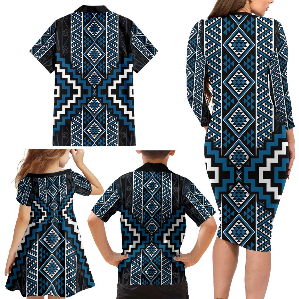 Azure Tukutuku Pattern Aotearoa Family Matching Long Sleeve Bodycon Dress and Hawaiian Shirt Niho Taniwha and Puhoro Motifs LT7 - Polynesian Pride