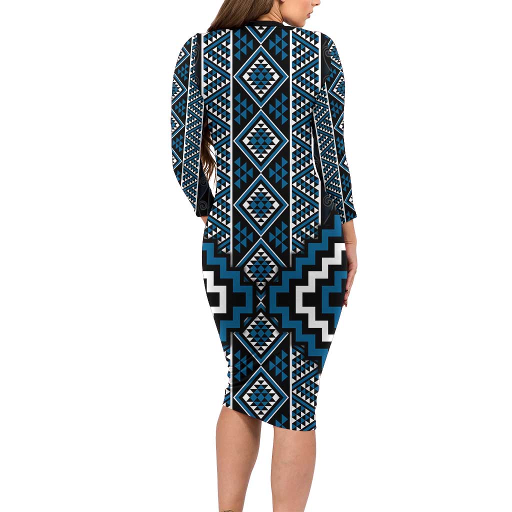 Azure Tukutuku Pattern Aotearoa Family Matching Long Sleeve Bodycon Dress and Hawaiian Shirt Niho Taniwha and Puhoro Motifs LT7 - Polynesian Pride