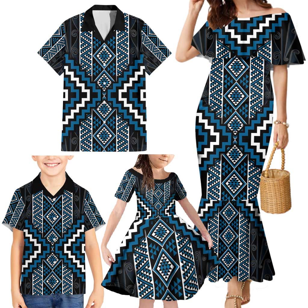 Azure Tukutuku Pattern Aotearoa Family Matching Mermaid Dress and Hawaiian Shirt Niho Taniwha and Puhoro Motifs LT7 - Polynesian Pride