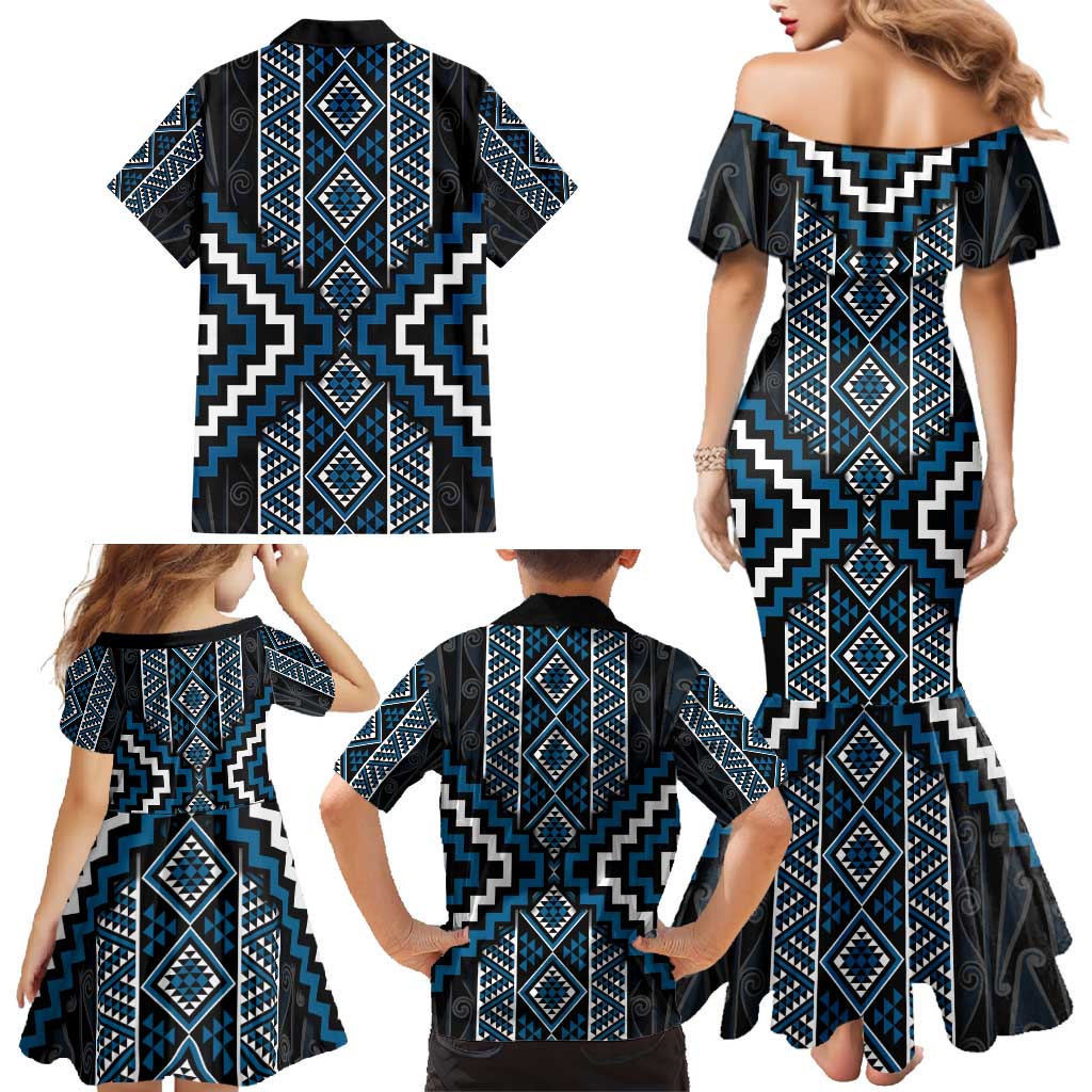 Azure Tukutuku Pattern Aotearoa Family Matching Mermaid Dress and Hawaiian Shirt Niho Taniwha and Puhoro Motifs LT7 - Polynesian Pride