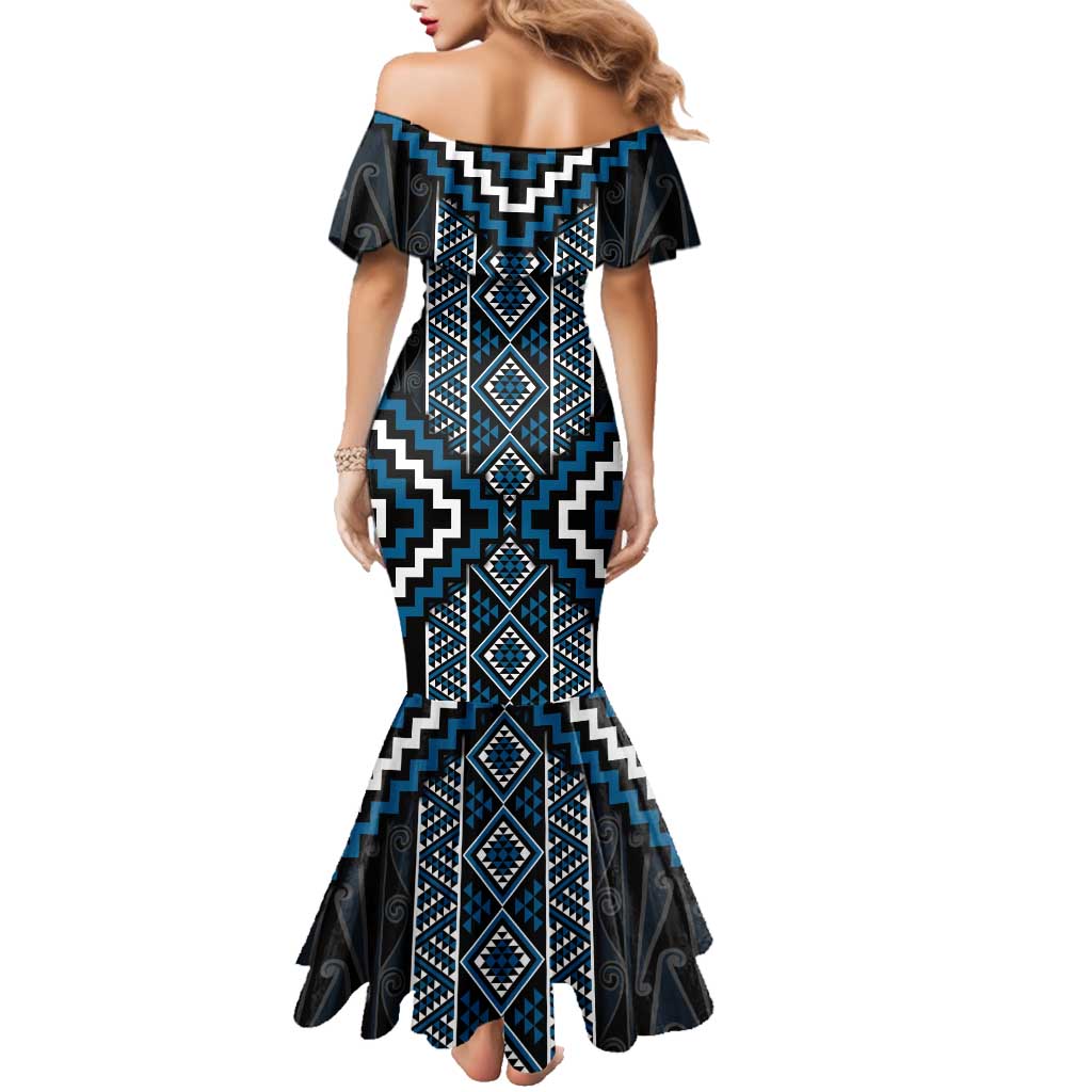 Azure Tukutuku Pattern Aotearoa Family Matching Mermaid Dress and Hawaiian Shirt Niho Taniwha and Puhoro Motifs LT7 - Polynesian Pride