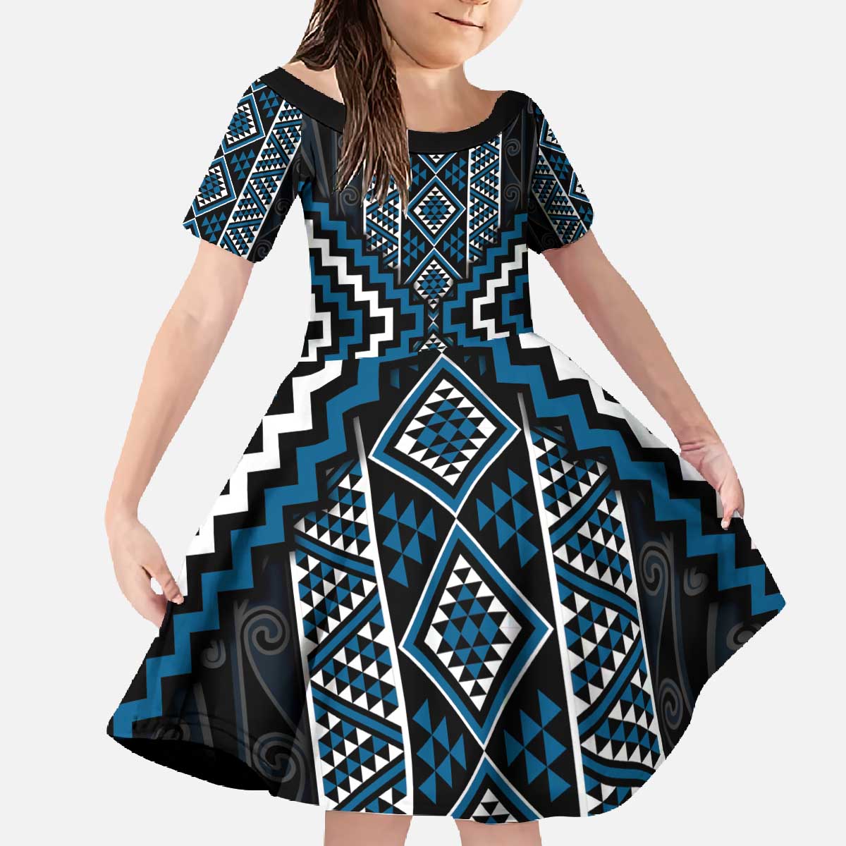 Azure Tukutuku Pattern Aotearoa Family Matching Off The Shoulder Long Sleeve Dress and Hawaiian Shirt Niho Taniwha and Puhoro Motifs LT7 Daughter's Dress Blue - Polynesian Pride