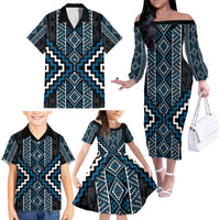 Azure Tukutuku Pattern Aotearoa Family Matching Off The Shoulder Long Sleeve Dress and Hawaiian Shirt Niho Taniwha and Puhoro Motifs LT7 - Polynesian Pride