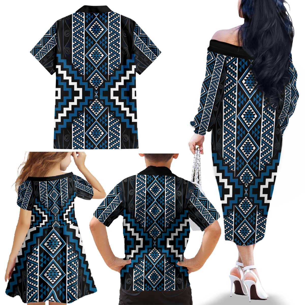 Azure Tukutuku Pattern Aotearoa Family Matching Off The Shoulder Long Sleeve Dress and Hawaiian Shirt Niho Taniwha and Puhoro Motifs LT7 - Polynesian Pride