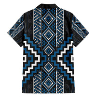 Azure Tukutuku Pattern Aotearoa Family Matching Off The Shoulder Long Sleeve Dress and Hawaiian Shirt Niho Taniwha and Puhoro Motifs LT7 - Polynesian Pride