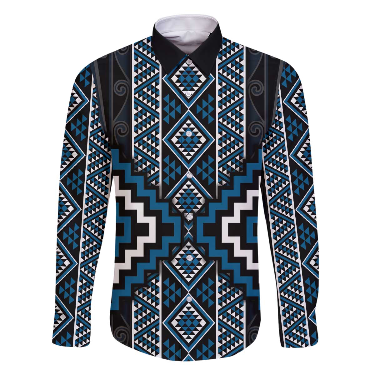 Azure Tukutuku Pattern Aotearoa Family Matching Off The Shoulder Long Sleeve Dress and Hawaiian Shirt Niho Taniwha and Puhoro Motifs LT7 Dad's Shirt - Long Sleeve Blue - Polynesian Pride