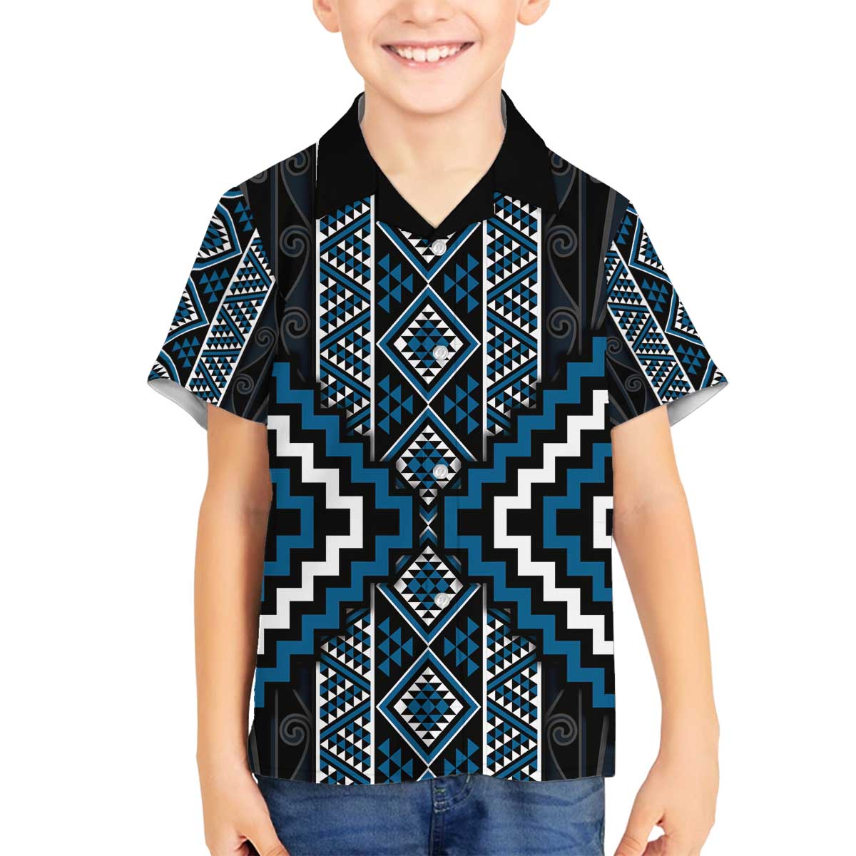 Azure Tukutuku Pattern Aotearoa Family Matching Off The Shoulder Long Sleeve Dress and Hawaiian Shirt Niho Taniwha and Puhoro Motifs LT7 Son's Shirt Blue - Polynesian Pride