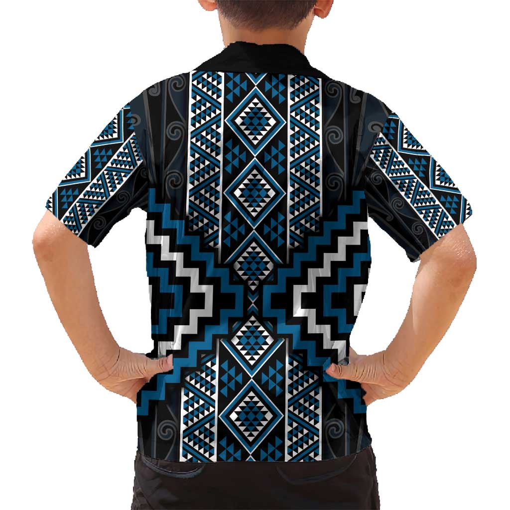 Azure Tukutuku Pattern Aotearoa Family Matching Off Shoulder Maxi Dress and Hawaiian Shirt Niho Taniwha and Puhoro Motifs LT7 - Polynesian Pride