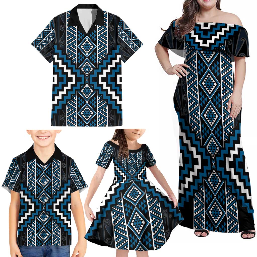 Azure Tukutuku Pattern Aotearoa Family Matching Off Shoulder Maxi Dress and Hawaiian Shirt Niho Taniwha and Puhoro Motifs LT7 - Polynesian Pride