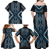 Azure Tukutuku Pattern Aotearoa Family Matching Off Shoulder Maxi Dress and Hawaiian Shirt Niho Taniwha and Puhoro Motifs LT7 - Polynesian Pride