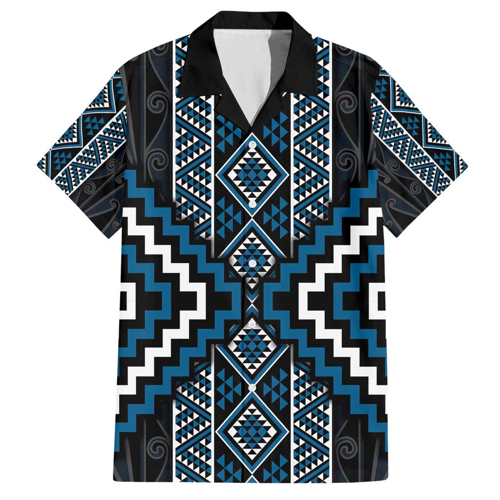 Azure Tukutuku Pattern Aotearoa Family Matching Off Shoulder Maxi Dress and Hawaiian Shirt Niho Taniwha and Puhoro Motifs LT7 Dad's Shirt - Short Sleeve Blue - Polynesian Pride