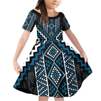 Azure Tukutuku Pattern Aotearoa Family Matching Off Shoulder Short Dress and Hawaiian Shirt Niho Taniwha and Puhoro Motifs LT7 Daughter's Dress Blue - Polynesian Pride