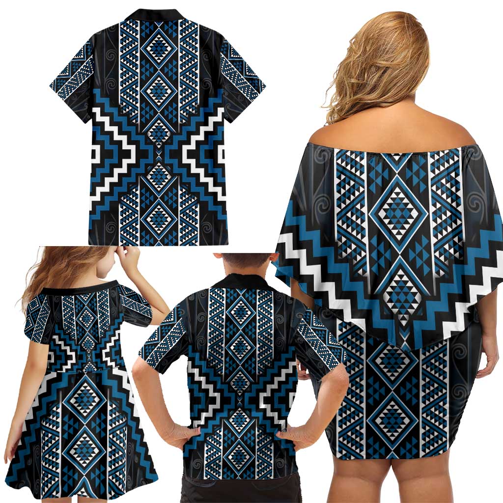 Azure Tukutuku Pattern Aotearoa Family Matching Off Shoulder Short Dress and Hawaiian Shirt Niho Taniwha and Puhoro Motifs LT7 - Polynesian Pride