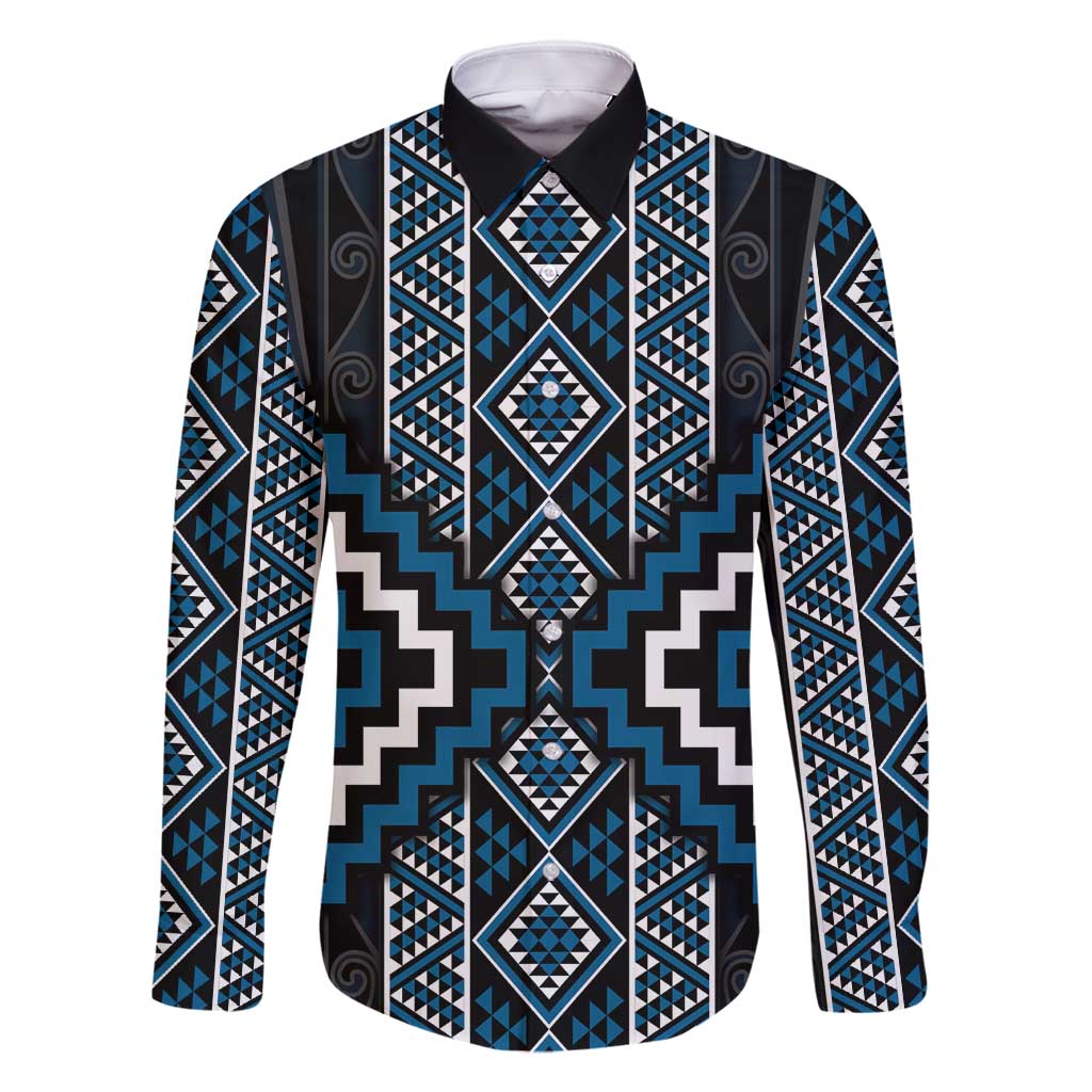 Azure Tukutuku Pattern Aotearoa Family Matching Off Shoulder Short Dress and Hawaiian Shirt Niho Taniwha and Puhoro Motifs LT7 Dad's Shirt - Long Sleeve Blue - Polynesian Pride