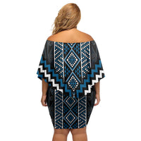 Azure Tukutuku Pattern Aotearoa Family Matching Off Shoulder Short Dress and Hawaiian Shirt Niho Taniwha and Puhoro Motifs LT7 - Polynesian Pride