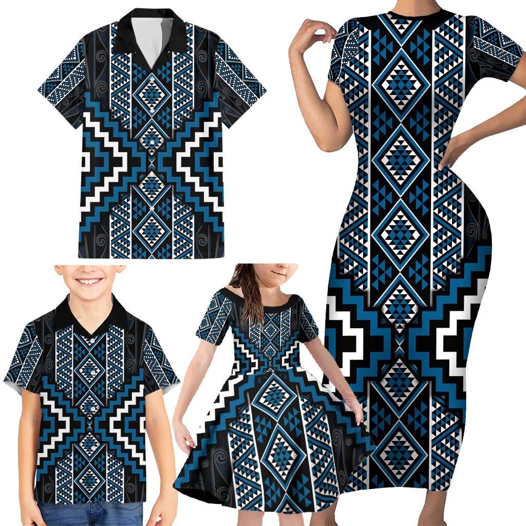 Azure Tukutuku Pattern Aotearoa Family Matching Short Sleeve Bodycon Dress and Hawaiian Shirt Niho Taniwha and Puhoro Motifs LT7 - Polynesian Pride