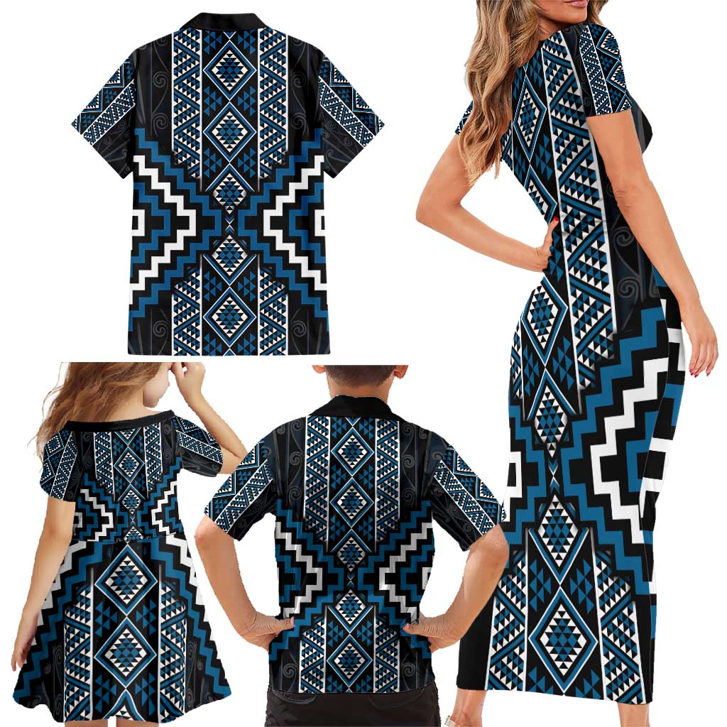 Azure Tukutuku Pattern Aotearoa Family Matching Short Sleeve Bodycon Dress and Hawaiian Shirt Niho Taniwha and Puhoro Motifs LT7 - Polynesian Pride