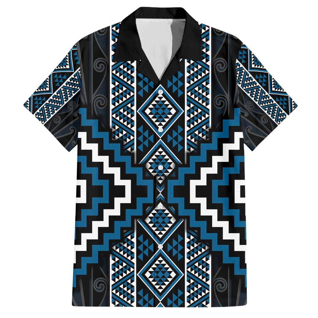Azure Tukutuku Pattern Aotearoa Family Matching Short Sleeve Bodycon Dress and Hawaiian Shirt Niho Taniwha and Puhoro Motifs LT7 Dad's Shirt - Short Sleeve Blue - Polynesian Pride