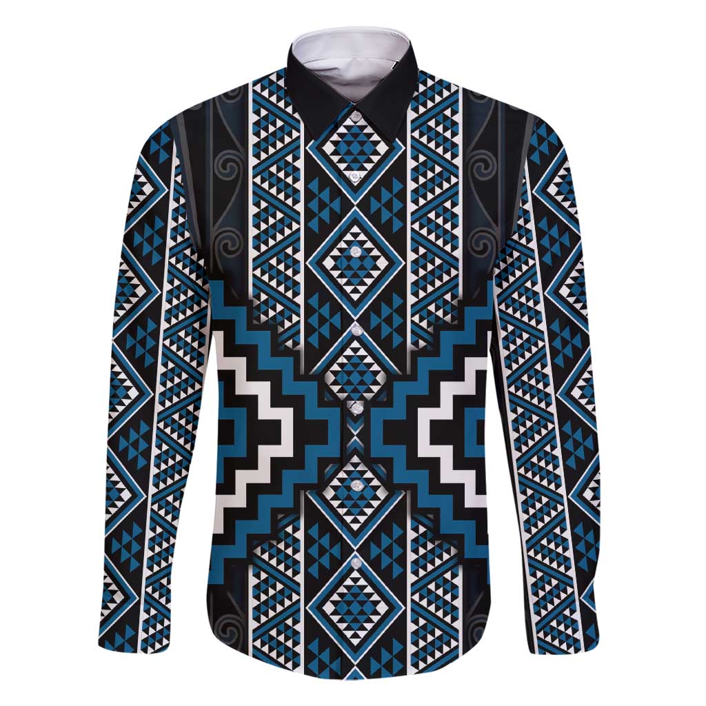 Azure Tukutuku Pattern Aotearoa Family Matching Short Sleeve Bodycon Dress and Hawaiian Shirt Niho Taniwha and Puhoro Motifs LT7 Dad's Shirt - Long Sleeve Blue - Polynesian Pride