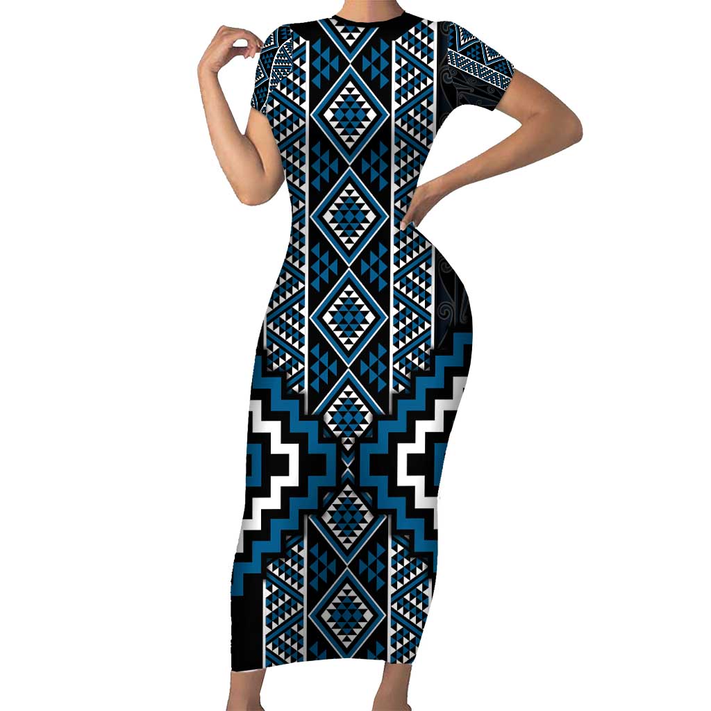 Azure Tukutuku Pattern Aotearoa Family Matching Short Sleeve Bodycon Dress and Hawaiian Shirt Niho Taniwha and Puhoro Motifs LT7 Mom's Dress Blue - Polynesian Pride