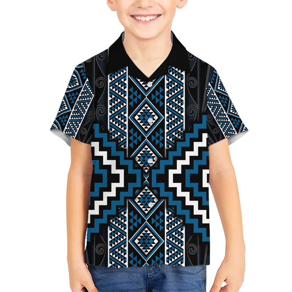 Azure Tukutuku Pattern Aotearoa Family Matching Short Sleeve Bodycon Dress and Hawaiian Shirt Niho Taniwha and Puhoro Motifs LT7 Son's Shirt Blue - Polynesian Pride