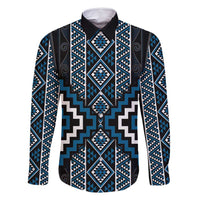 Azure Tukutuku Pattern Aotearoa Family Matching Summer Maxi Dress and Hawaiian Shirt Niho Taniwha and Puhoro Motifs LT7 Dad's Shirt - Long Sleeve Blue - Polynesian Pride