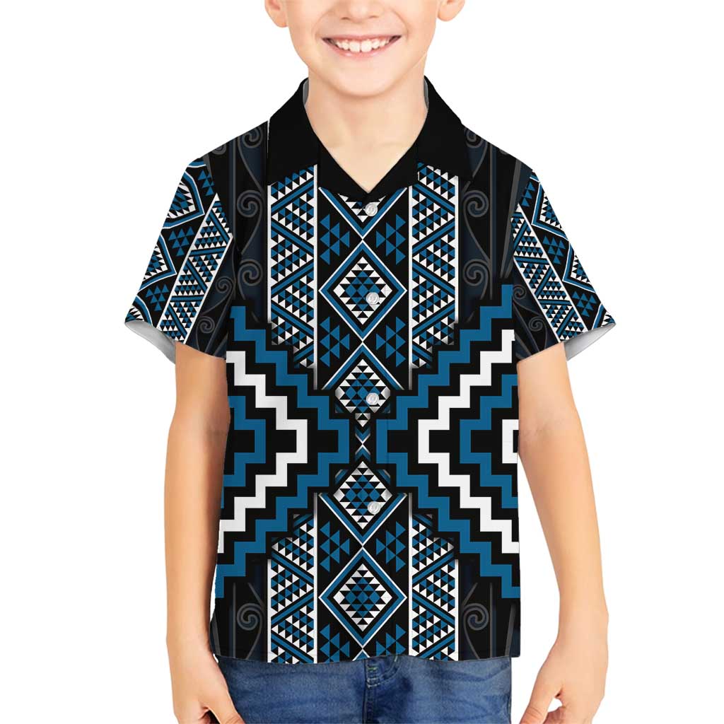 Azure Tukutuku Pattern Aotearoa Family Matching Summer Maxi Dress and Hawaiian Shirt Niho Taniwha and Puhoro Motifs LT7 Son's Shirt Blue - Polynesian Pride