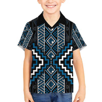 Azure Tukutuku Pattern Aotearoa Family Matching Summer Maxi Dress and Hawaiian Shirt Niho Taniwha and Puhoro Motifs LT7 Son's Shirt Blue - Polynesian Pride